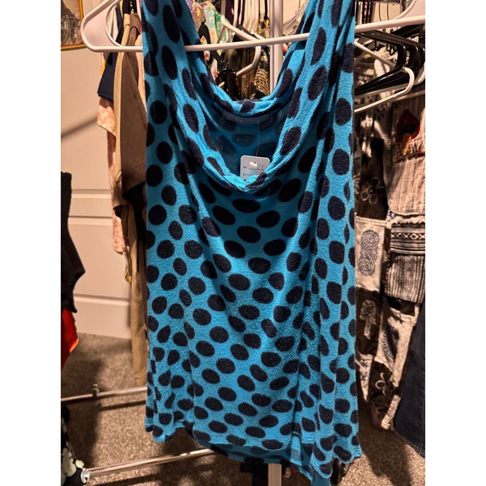 036‎ Olivia Moon Blue Navy Polka Dot Cowl Neck Sleeveless Knit Blouse Top
